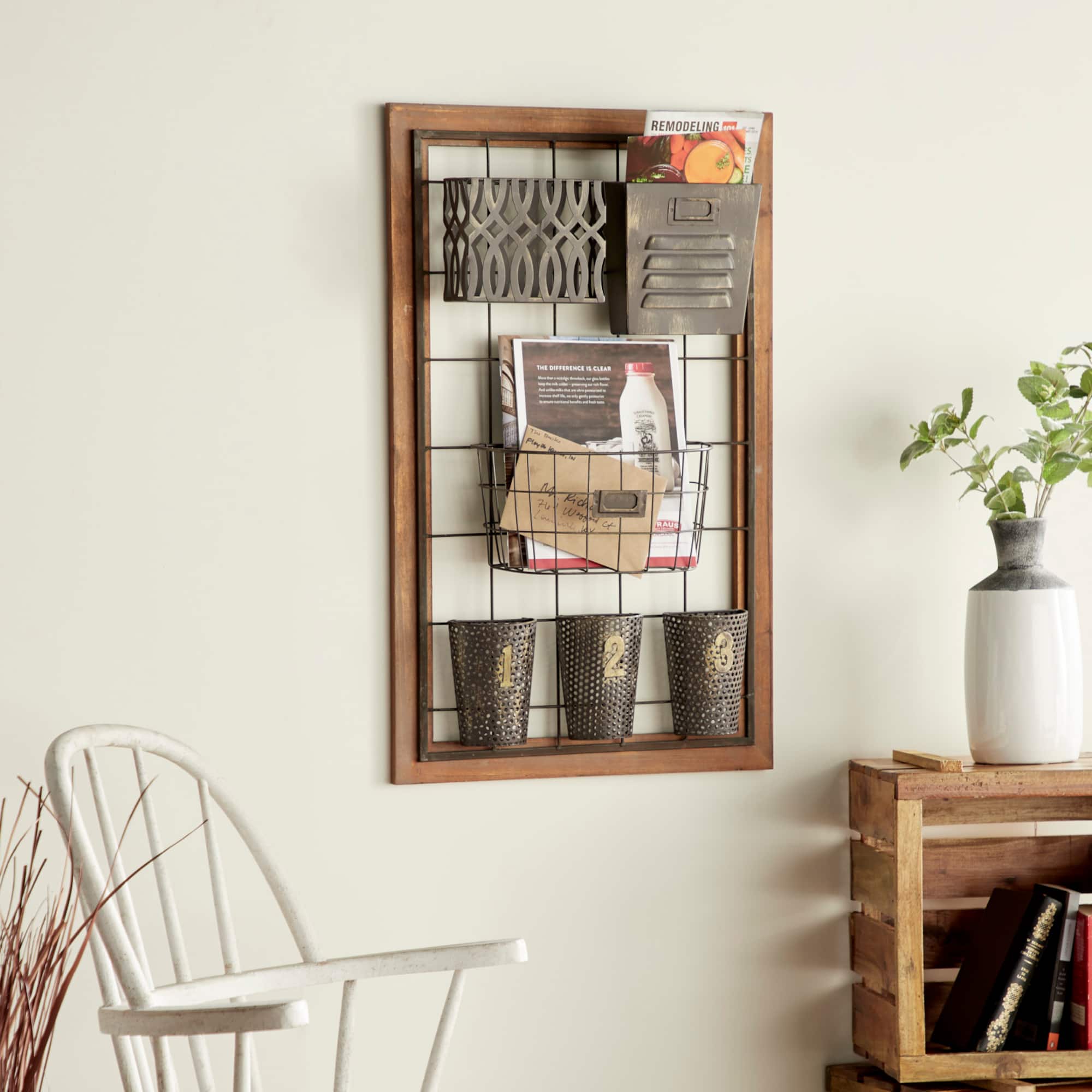 32" Brown Metal Farmhouse Magazine Rack Holder